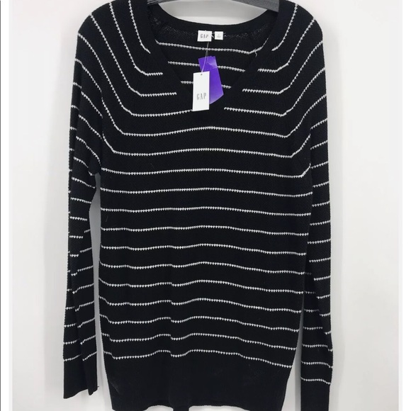 Gap Black and white stripe Tunic Sweater Long Sleeve V Neck Pullover M - Picture 1 of 5